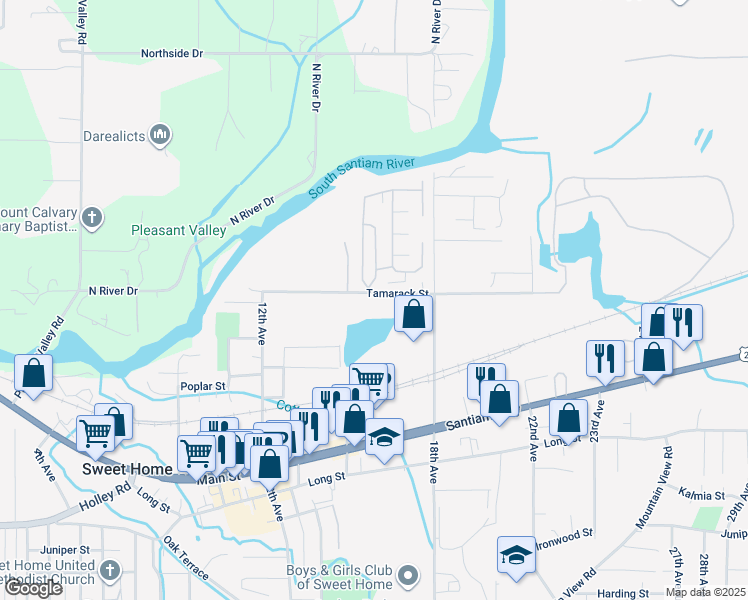 map of restaurants, bars, coffee shops, grocery stores, and more near 1547 Tamarack Street in Sweet Home