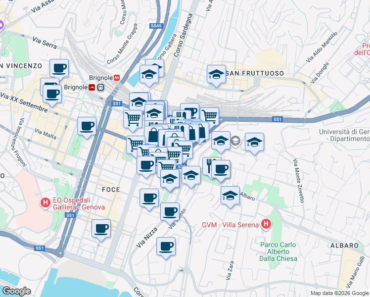 map of restaurants, bars, coffee shops, grocery stores, and more near 2 Via Montevideo in Genoa