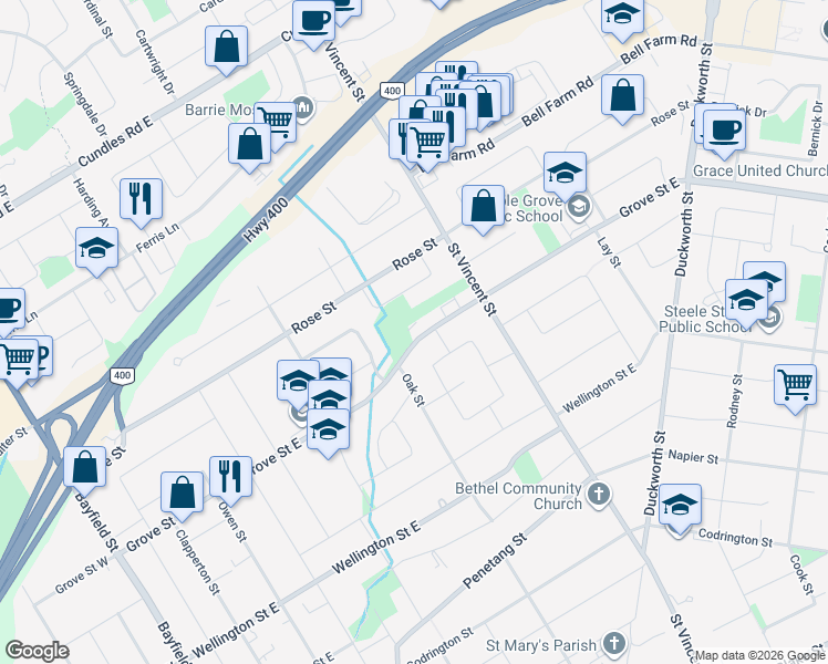 map of restaurants, bars, coffee shops, grocery stores, and more near 170 Grove Street East in Barrie