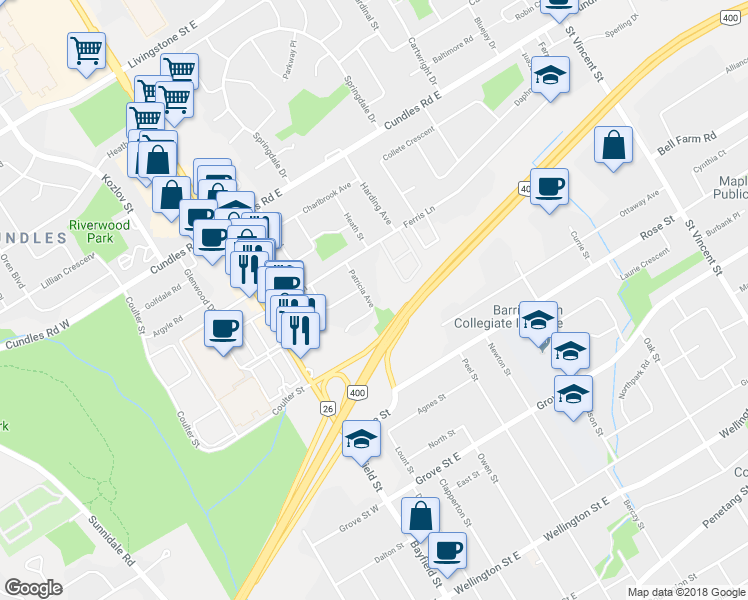 map of restaurants, bars, coffee shops, grocery stores, and more near 15 Patricia Avenue in Barrie