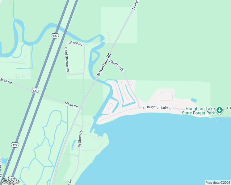 map of restaurants, bars, coffee shops, grocery stores, and more near 120 Brad N Cris Drive in Houghton Lake