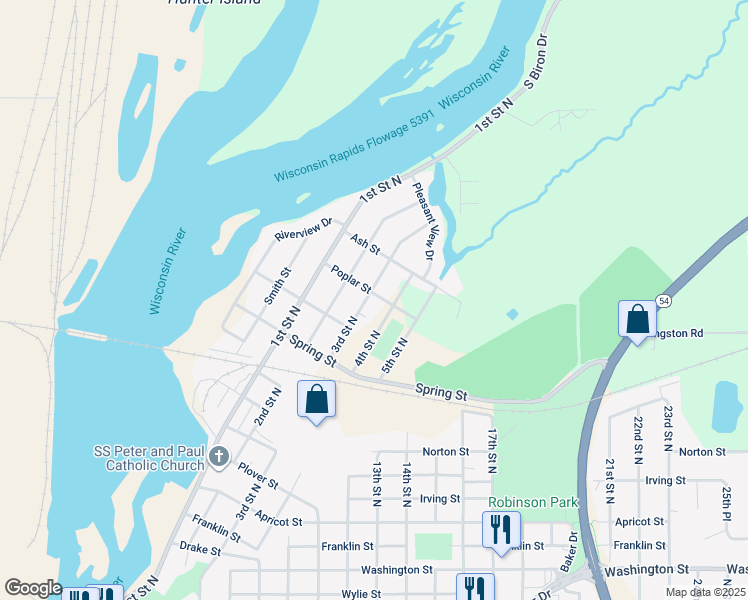 map of restaurants, bars, coffee shops, grocery stores, and more near 310 Poplar Street in Wisconsin Rapids