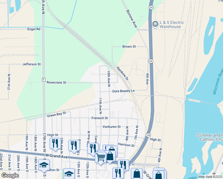 map of restaurants, bars, coffee shops, grocery stores, and more near 910 10th Ave N in Wisconsin Rapids