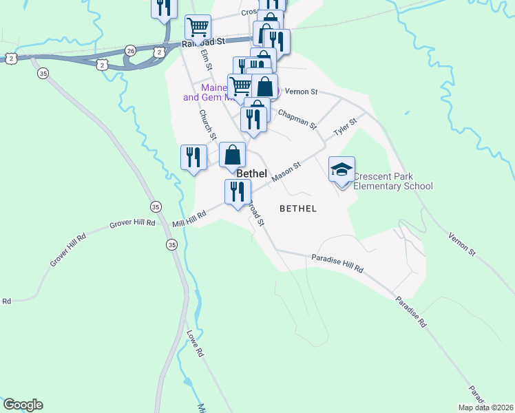 map of restaurants, bars, coffee shops, grocery stores, and more near 22 Broad Street in Bethel