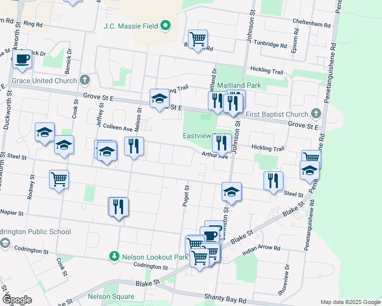 map of restaurants, bars, coffee shops, grocery stores, and more near 64 Jones Drive in Barrie