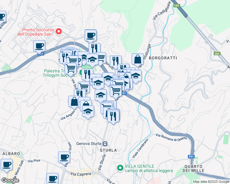map of restaurants, bars, coffee shops, grocery stores, and more near 14 Via Pontetti in Genoa