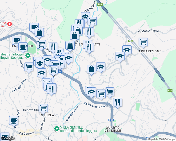 map of restaurants, bars, coffee shops, grocery stores, and more near 84 Via Giulio Tanini in Genova