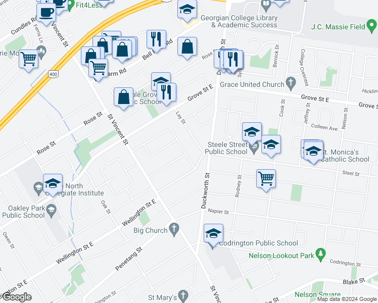 map of restaurants, bars, coffee shops, grocery stores, and more near 60 Marion Crescent in Barrie