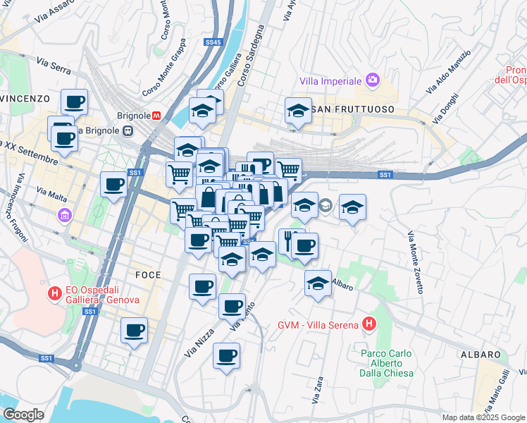 map of restaurants, bars, coffee shops, grocery stores, and more near 2 Via Montevideo in Genoa