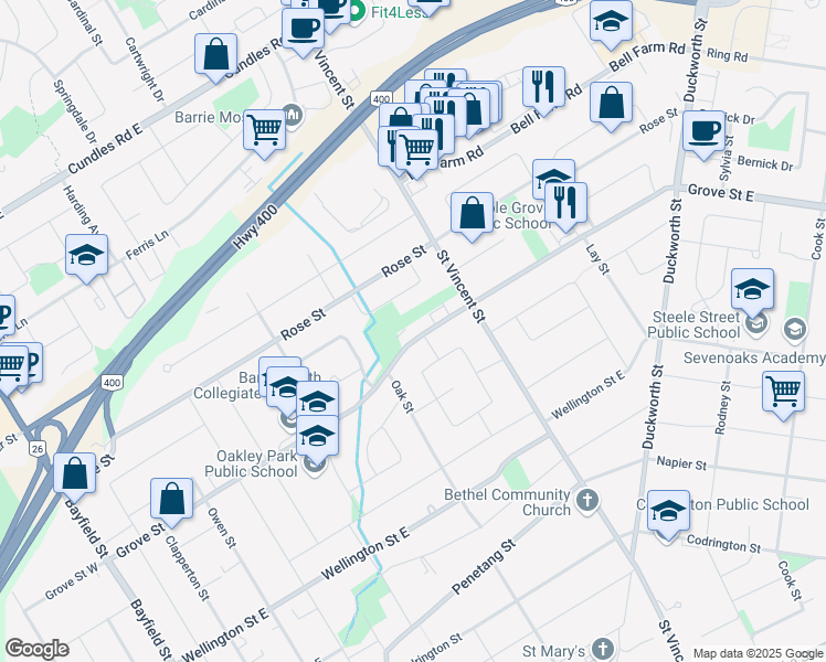 map of restaurants, bars, coffee shops, grocery stores, and more near in Barrie