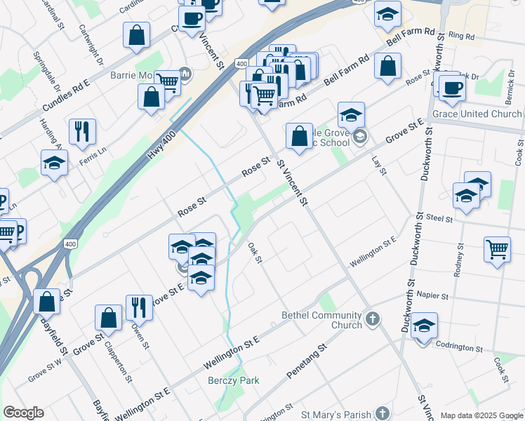 map of restaurants, bars, coffee shops, grocery stores, and more near 174 Grove Street East in Barrie