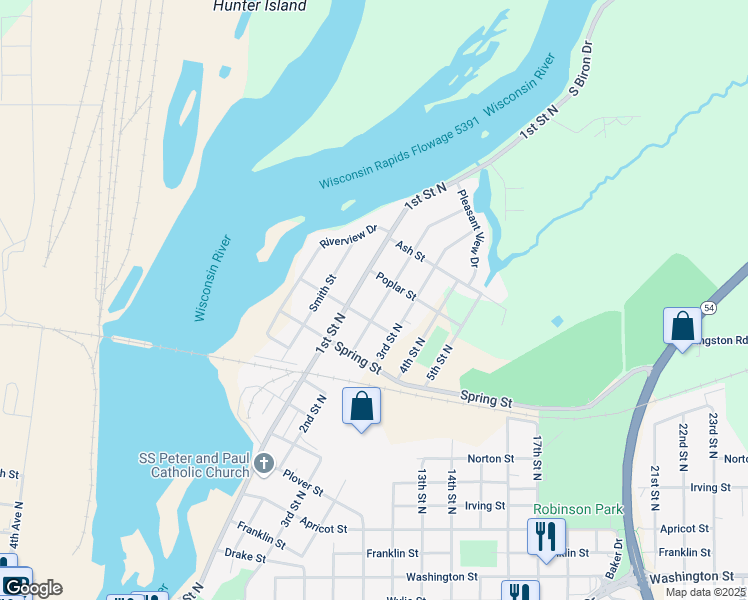 map of restaurants, bars, coffee shops, grocery stores, and more near 1721 2nd Street North in Wisconsin Rapids
