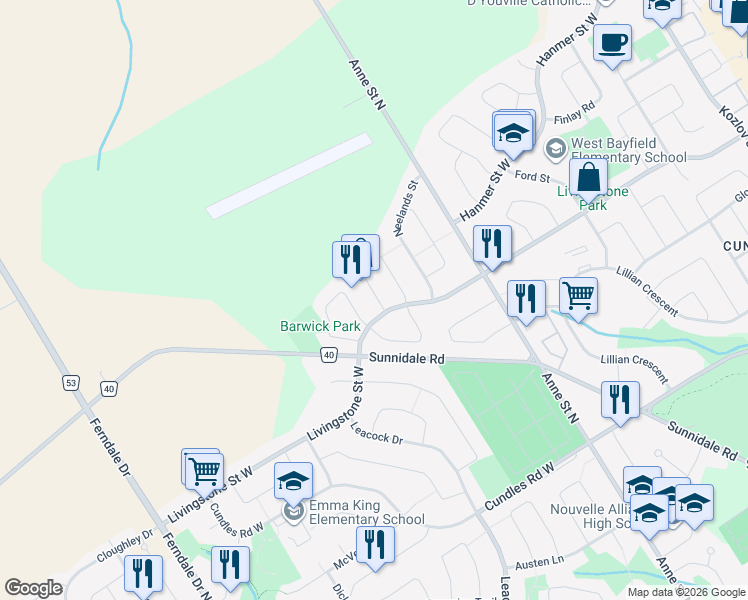 map of restaurants, bars, coffee shops, grocery stores, and more near 6 Balliston Road in Barrie