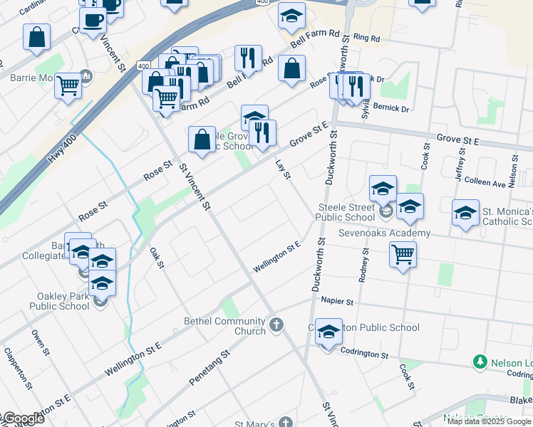 map of restaurants, bars, coffee shops, grocery stores, and more near 27 Pratt Road in Barrie