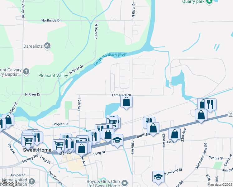 map of restaurants, bars, coffee shops, grocery stores, and more near 1547 Tamarack Street in Sweet Home