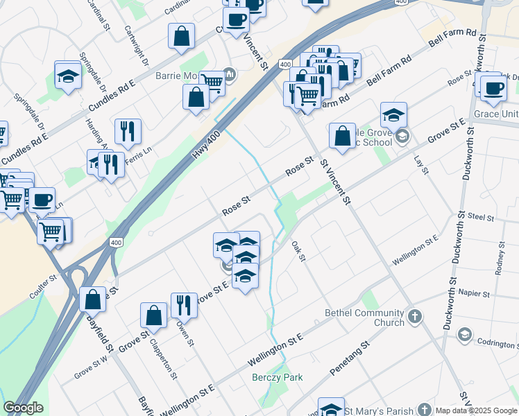 map of restaurants, bars, coffee shops, grocery stores, and more near 23 Bothwell Crescent in Barrie