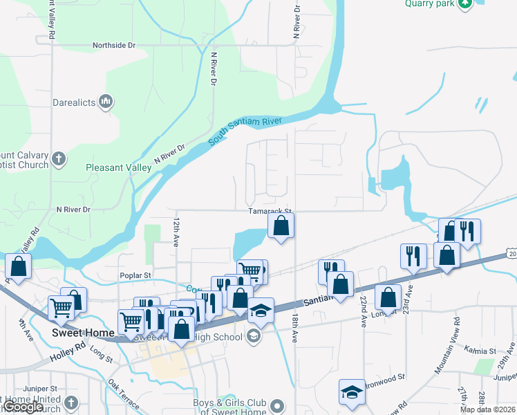 map of restaurants, bars, coffee shops, grocery stores, and more near 1547 Tamarack Street in Sweet Home