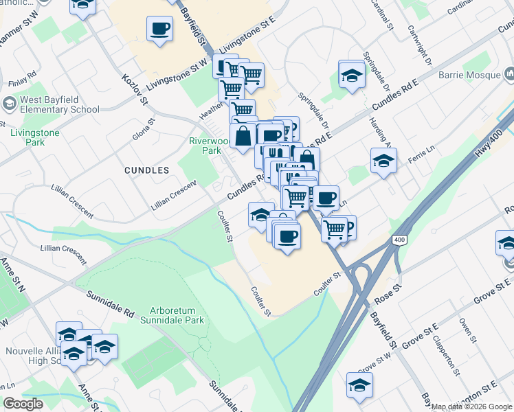 map of restaurants, bars, coffee shops, grocery stores, and more near in Barrie