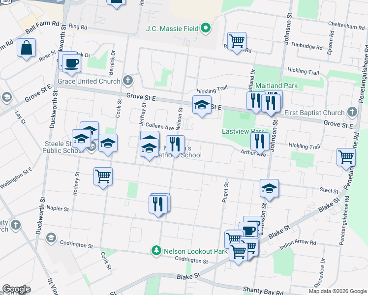 map of restaurants, bars, coffee shops, grocery stores, and more near 10 Irish Lane in Barrie