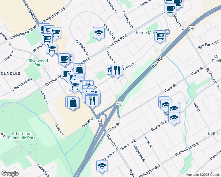 map of restaurants, bars, coffee shops, grocery stores, and more near Patricia Avenue in Barrie