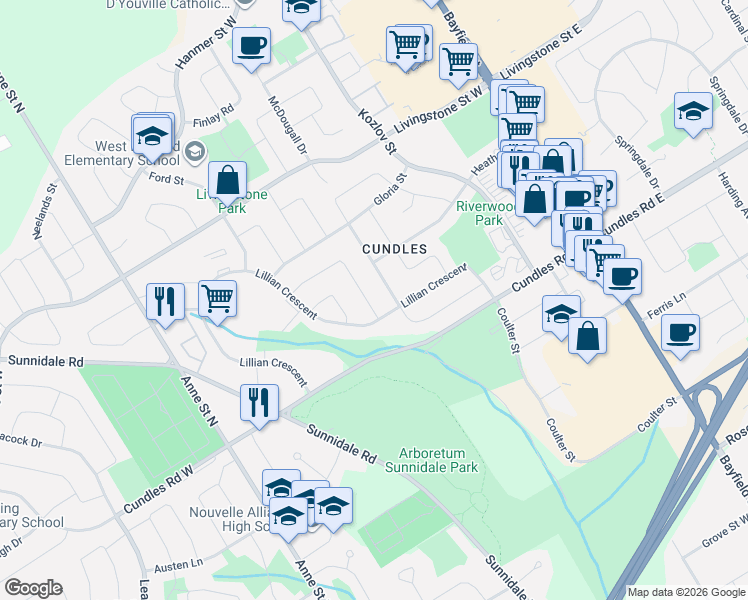 map of restaurants, bars, coffee shops, grocery stores, and more near 11 Pepler Place in Barrie