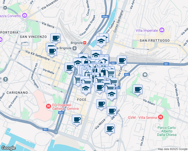 map of restaurants, bars, coffee shops, grocery stores, and more near 2A Passo Antiochia in Genova