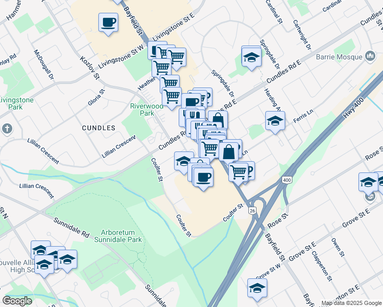 map of restaurants, bars, coffee shops, grocery stores, and more near 48 Glenwood Drive in Barrie