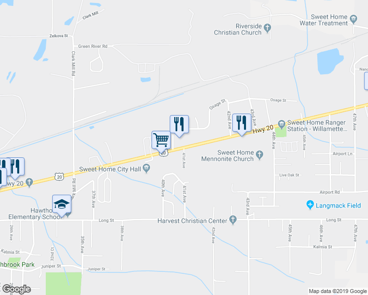 map of restaurants, bars, coffee shops, grocery stores, and more near Main St & 41st Ave in Sweet Home