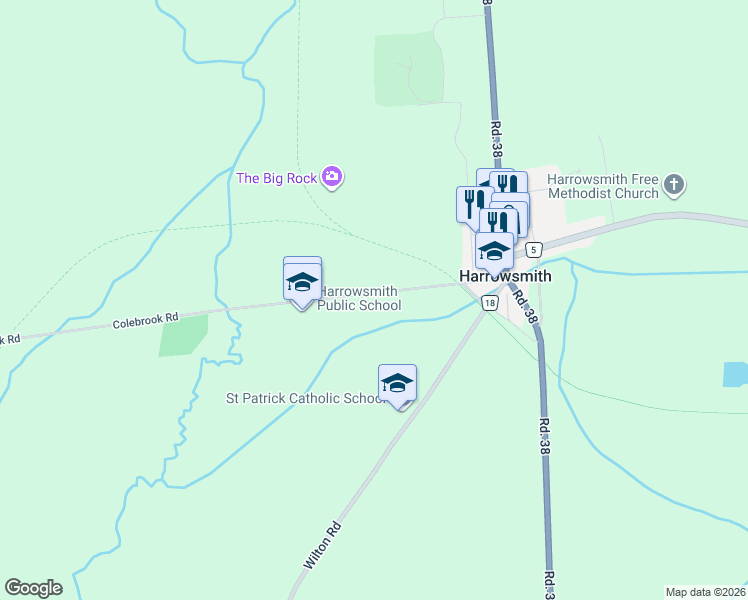 map of restaurants, bars, coffee shops, grocery stores, and more near 4071 Colebrook Road in Harrowsmith