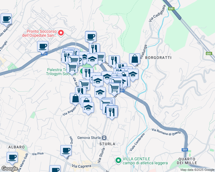 map of restaurants, bars, coffee shops, grocery stores, and more near 14 Via Pontetti in Genova