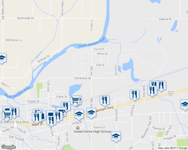 map of restaurants, bars, coffee shops, grocery stores, and more near 1820 Tamarack Street in Sweet Home