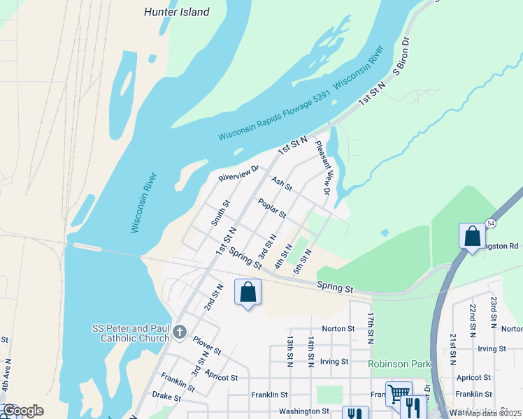 map of restaurants, bars, coffee shops, grocery stores, and more near 1721 2nd Street North in Wisconsin Rapids