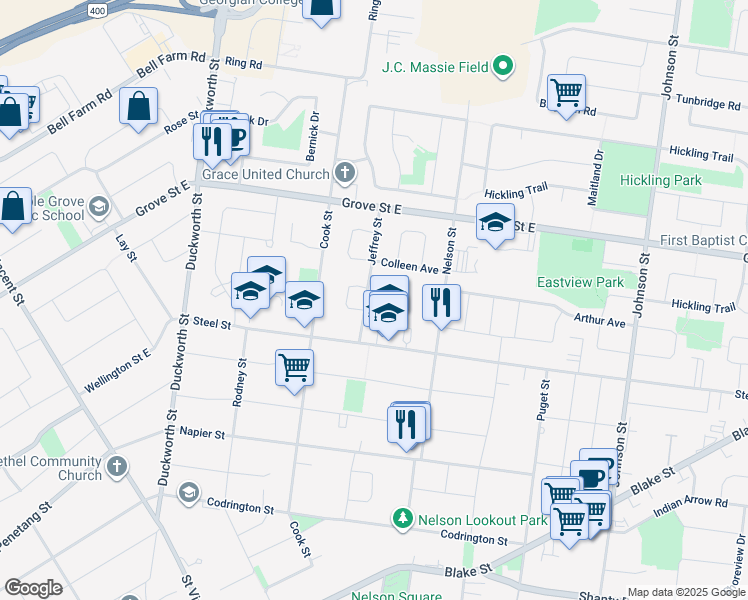 map of restaurants, bars, coffee shops, grocery stores, and more near 21 Jeffrey Street in Barrie