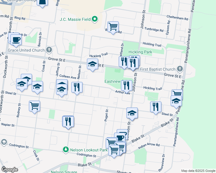 map of restaurants, bars, coffee shops, grocery stores, and more near 64 Jones Drive in Barrie