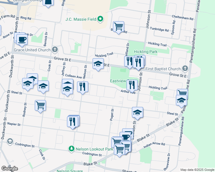 map of restaurants, bars, coffee shops, grocery stores, and more near in Barrie