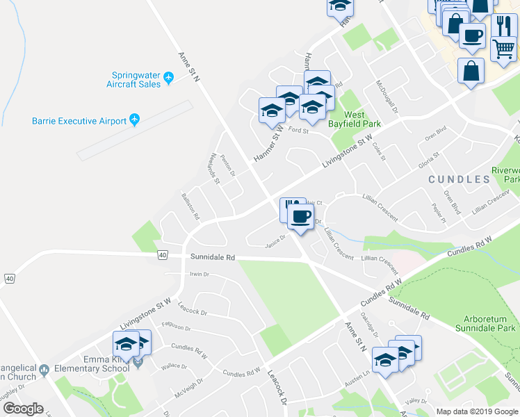 map of restaurants, bars, coffee shops, grocery stores, and more near in Barrie