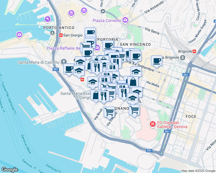 map of restaurants, bars, coffee shops, grocery stores, and more near 18 Via Fieschi in Genova