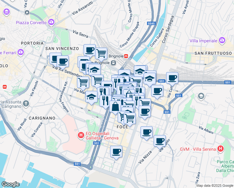 map of restaurants, bars, coffee shops, grocery stores, and more near 10 Viale Brigata Bisagno in Genova