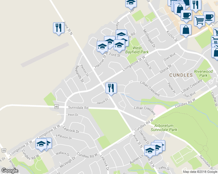 map of restaurants, bars, coffee shops, grocery stores, and more near 42 Sinclair Court in Barrie