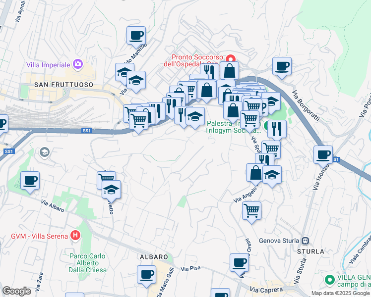 map of restaurants, bars, coffee shops, grocery stores, and more near 29 Via Dodecaneso in Genova
