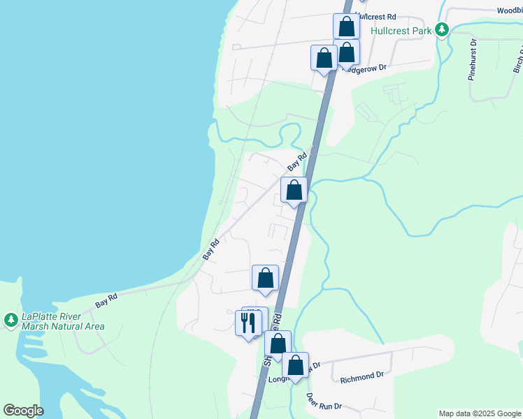 map of restaurants, bars, coffee shops, grocery stores, and more near 281 Bay Rd in Shelburne