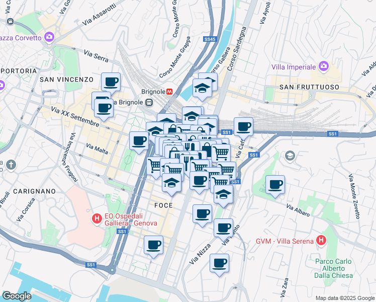 map of restaurants, bars, coffee shops, grocery stores, and more near 2A Passo Antiochia in Genova