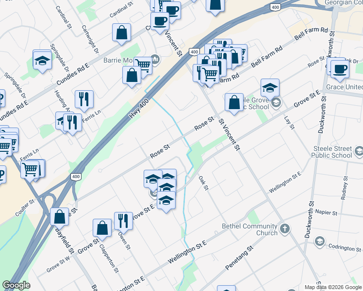 map of restaurants, bars, coffee shops, grocery stores, and more near 5 Laurie Crescent in Barrie