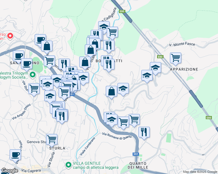 map of restaurants, bars, coffee shops, grocery stores, and more near 84 Via Giulio Tanini in Genova
