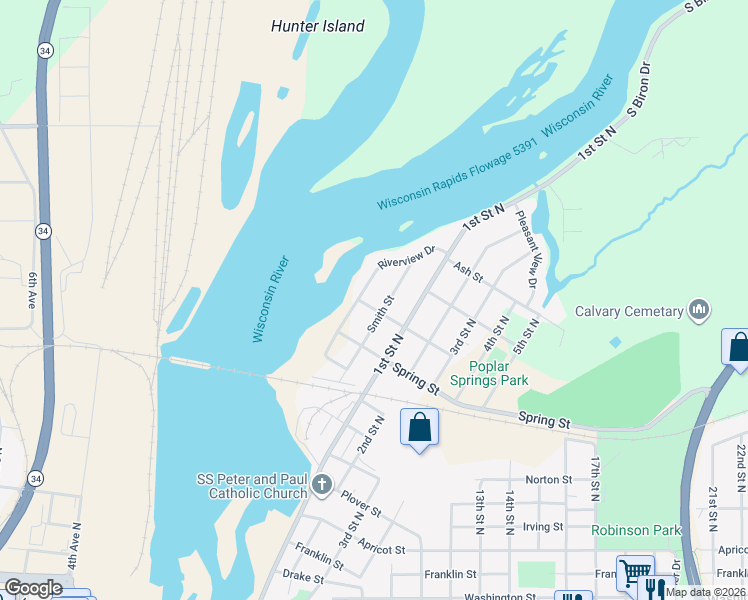 map of restaurants, bars, coffee shops, grocery stores, and more near 1751 Riverview Drive in Wisconsin Rapids