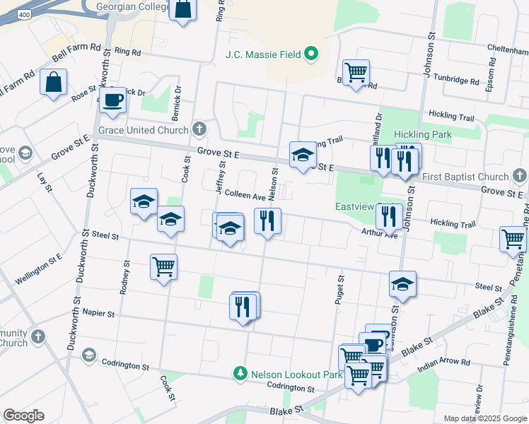 map of restaurants, bars, coffee shops, grocery stores, and more near 142 Nelson Street in Barrie