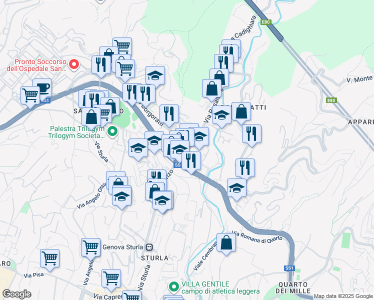 map of restaurants, bars, coffee shops, grocery stores, and more near 123 Via Borgoratti in Genoa