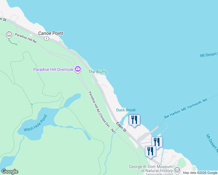 map of restaurants, bars, coffee shops, grocery stores, and more near 145 Eden Street in Bar Harbor