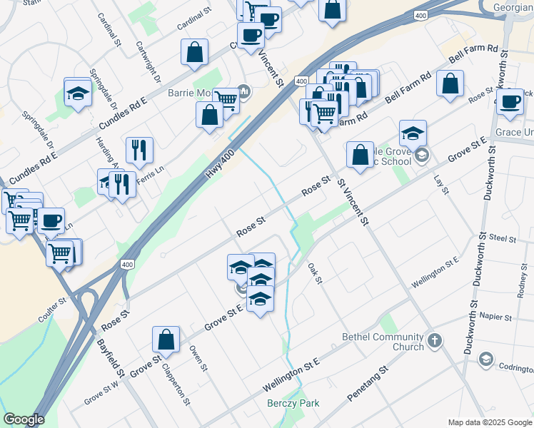 map of restaurants, bars, coffee shops, grocery stores, and more near 114 Rose Street in Barrie