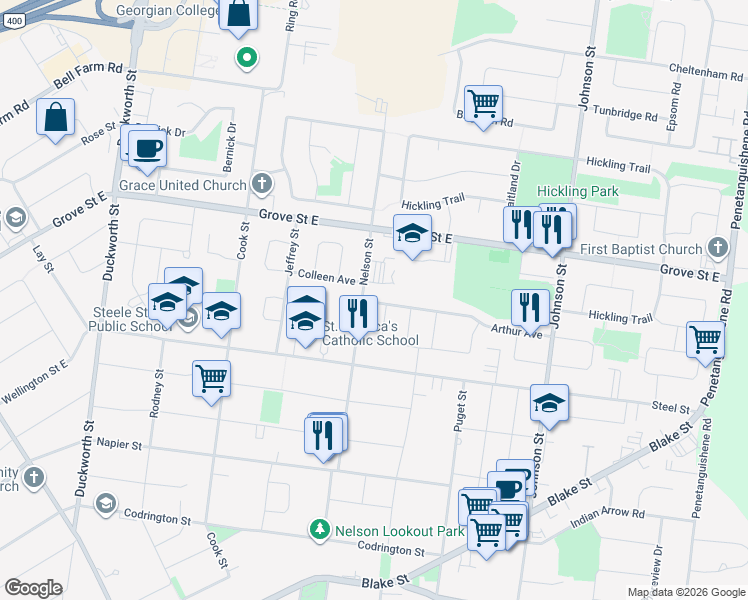 map of restaurants, bars, coffee shops, grocery stores, and more near 6 Arthur Avenue in Barrie